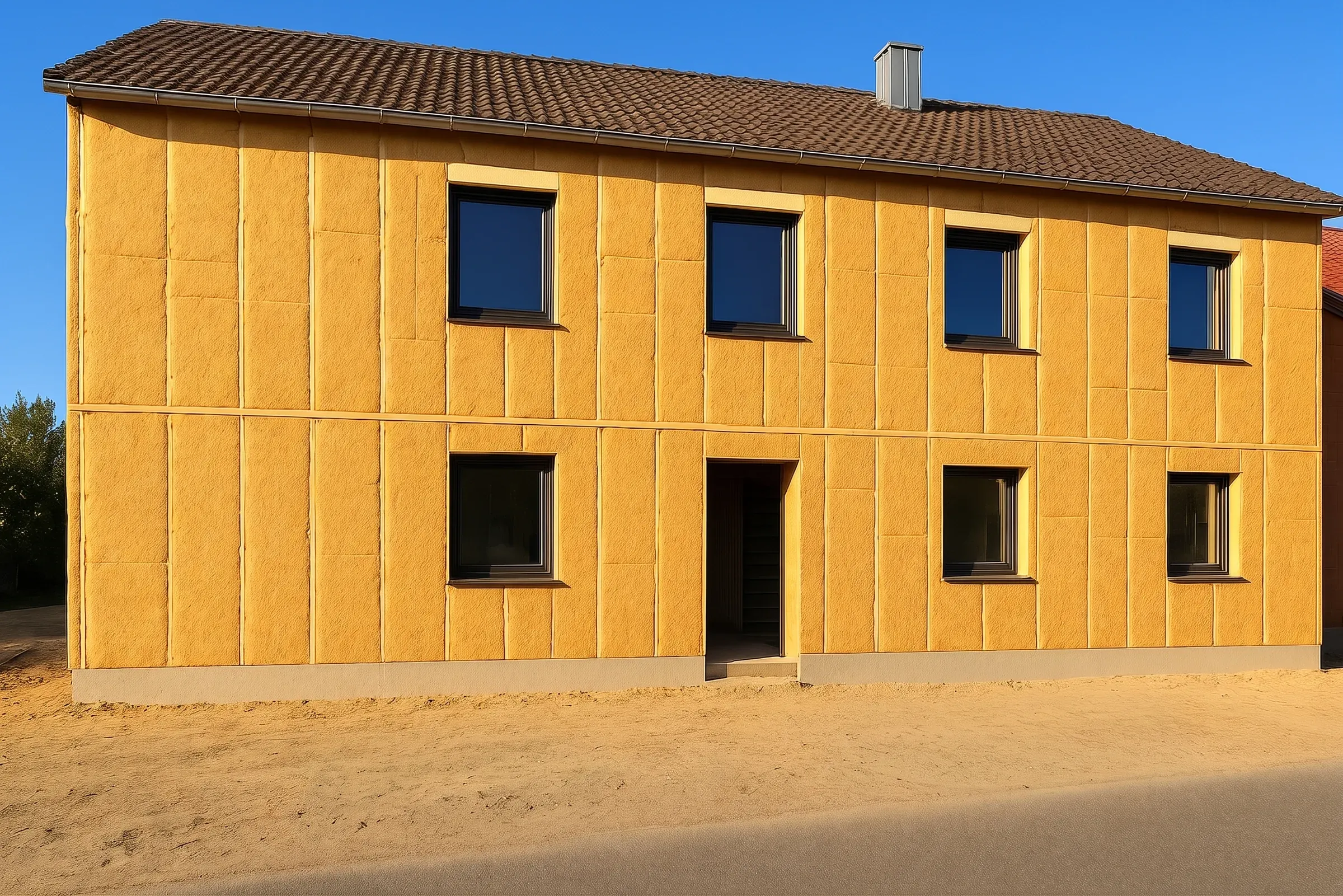 Zweigeschossiges Haus mit frisch montierten gelben Holzfaserdämmplatten an der Fassade